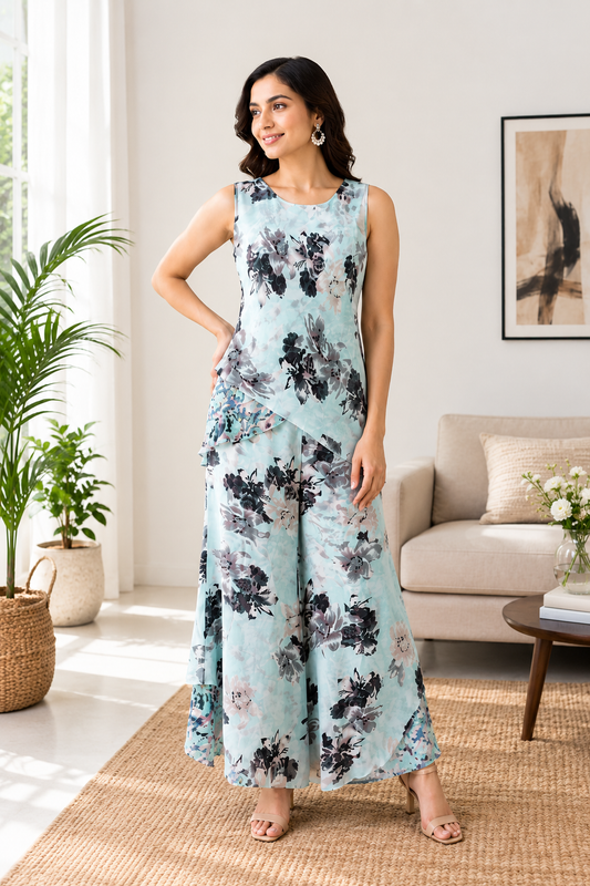 Reversible Sea Blue Flower Printed Poly Chiffon Pant Set - 1289 2859