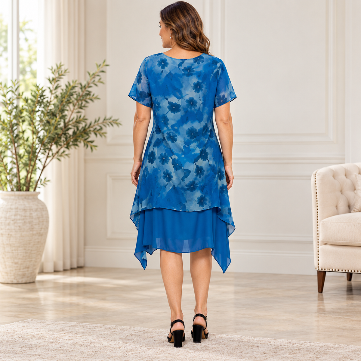 Women's Blue Round Printed Midi Dress – CHD2068