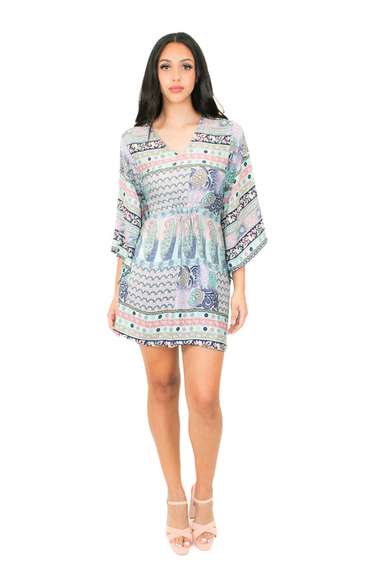 Lazy Daisy smock waist short dress in Turquoise Mix (5004)