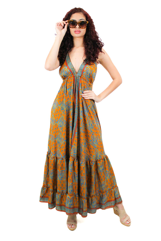 Lazy Daisy maxi adjustable halter dress in Mustard Mix (DK-6320)