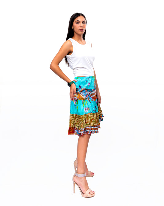 Five tiered Fabric mini ruffle skirt. In Multi.