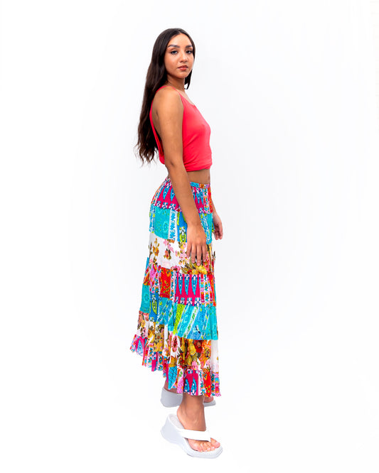 Seven tiered Long ruffle skirt. In Multi.