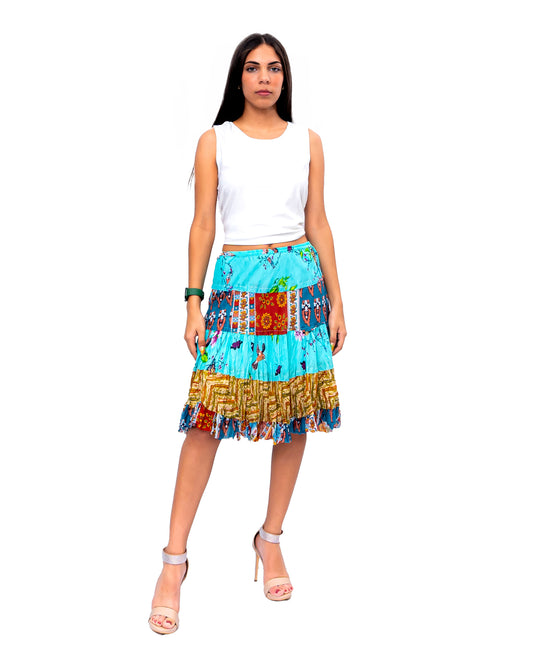 Five tiered Fabric mini ruffle skirt. In Multi.