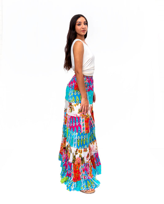 Eight tiered Long ruffle skirt. In Multi.