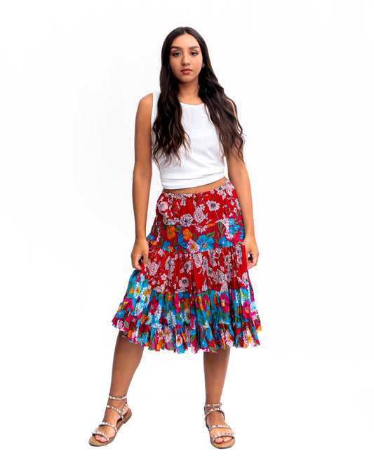 Five tiered Fabric mini ruffle skirt. In Multi.