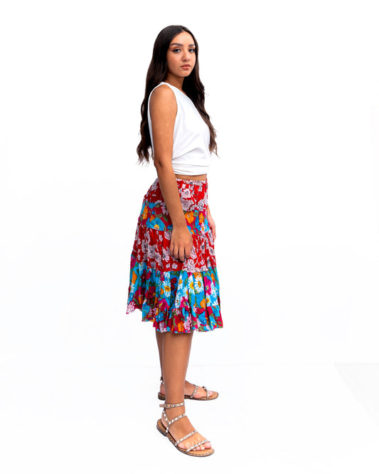 Five tiered Fabric mini ruffle skirt. In Multi.