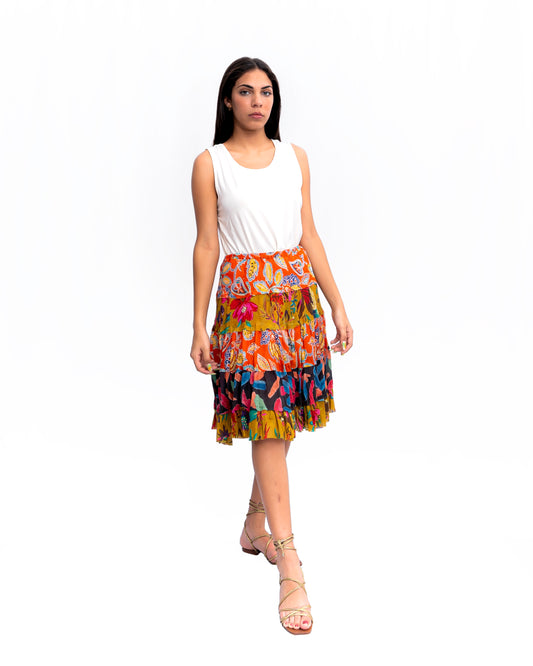 Five tiered Fabric mini ruffle skirt. In Multi.