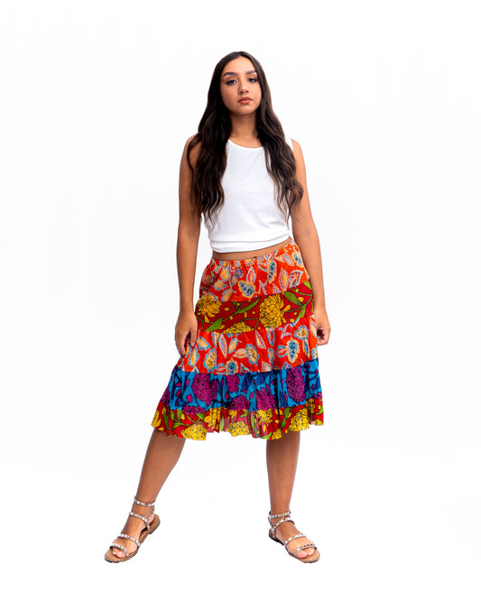 Five tiered Fabric mini ruffle skirt. In Multi.