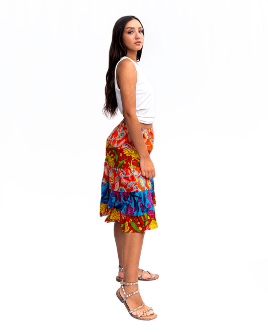 Five tiered Fabric mini ruffle skirt. In Multi.