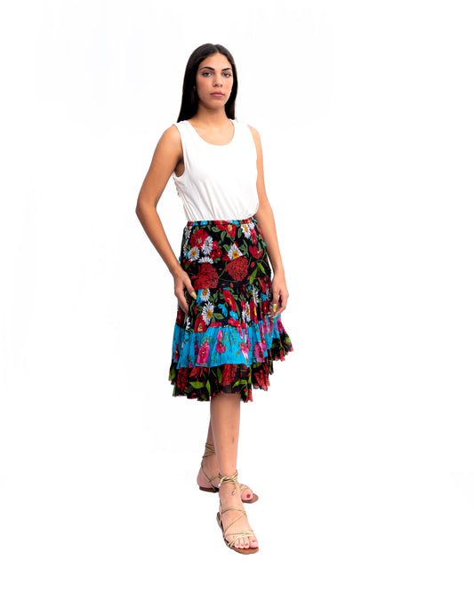 Three tiered Fabric mini ruffle skirt. In Multi.