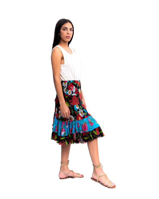 Five tiered Fabric mini ruffle skirt. In Multi.