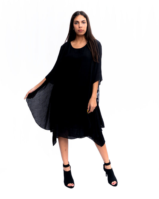 Double layer Black Midi Dress