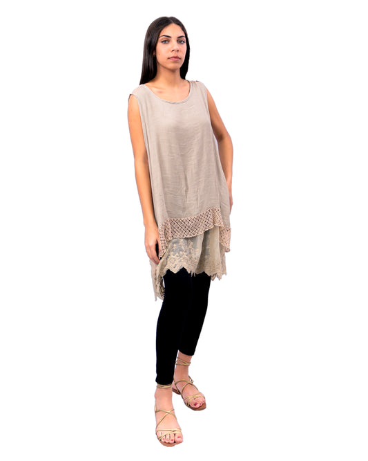 Beige Lace & Net Midi Dress