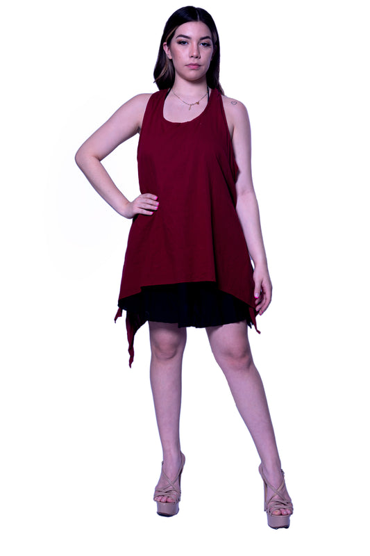 Double Layer Short High Low Dress Maroon