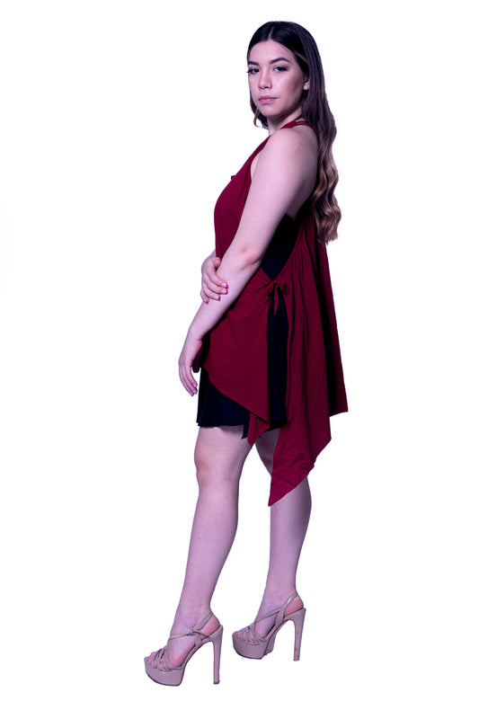 Double Layer Short High Low Dress Maroon