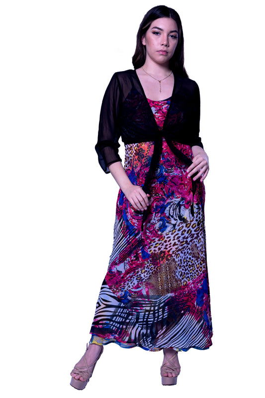 Animal Floral Print Long Reversible Shift Dress with Black Jacket