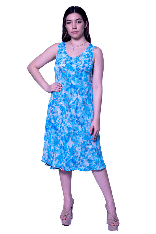 Blue Leaf Print A Line Reversible Midi Dress