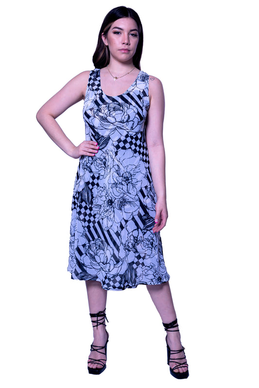 Black Leaf Print Reversible Midi Dress