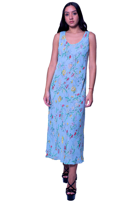 Aqua Green Floral Print Long Reversible Shift Dress