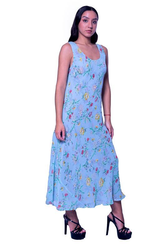 Aqua Green Floral Print Long Reversible Shift Dress