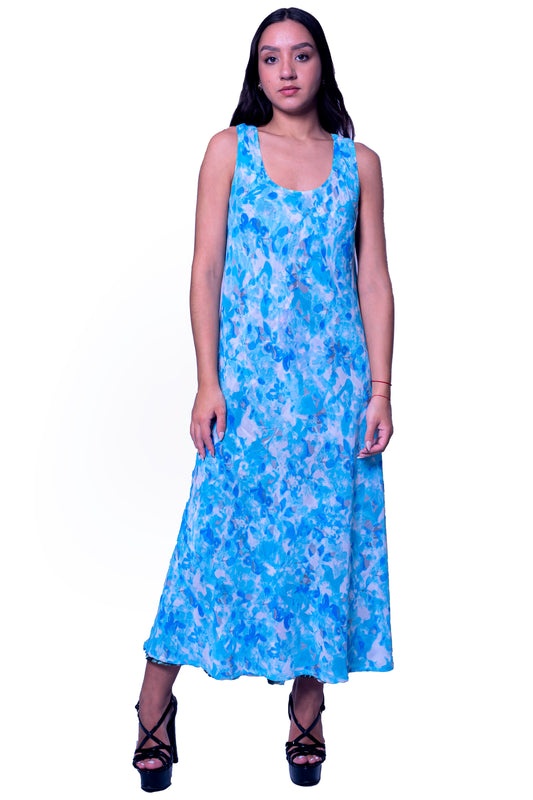 Blue Leaf Print Long Reversible Maxi Dress