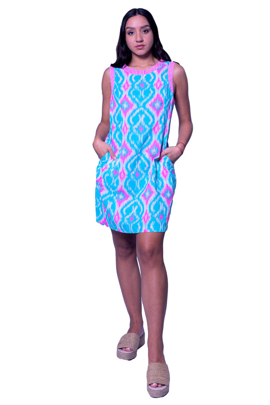 Printed Short Dress with Pockets in Turquoise