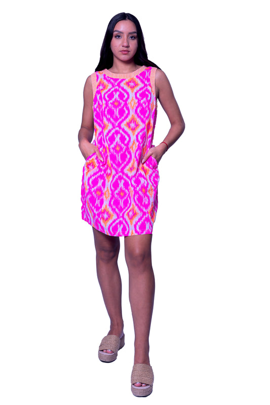 Printed Short Dress with Pockets in Pink