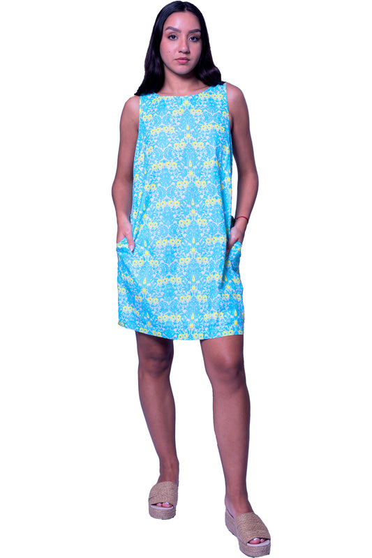 Printed Short Dress with Pockets in Turquoise