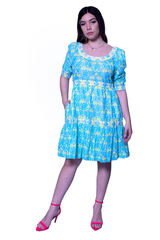 Printed Frock style Short Dress Turquoise