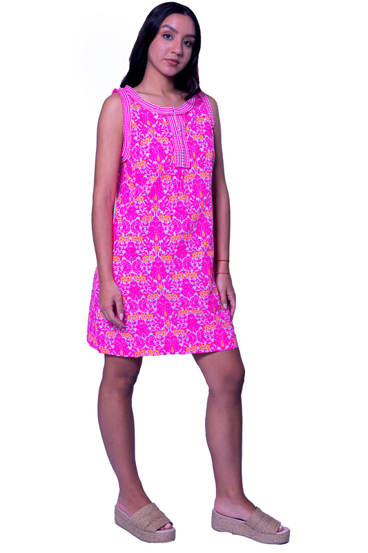 Printed Short Dress with Pockets in Pink