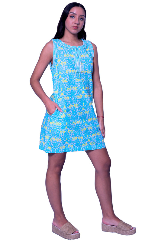 Printed Short Dress with Pockets in Turquoise