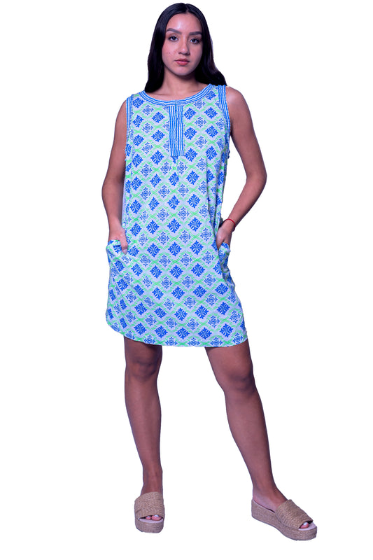 Printed Short Dress with Pockets in Blue
