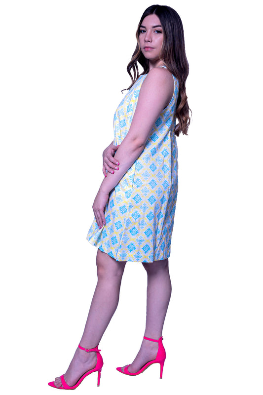 Printed Short Dress with Pockets in Turquoise