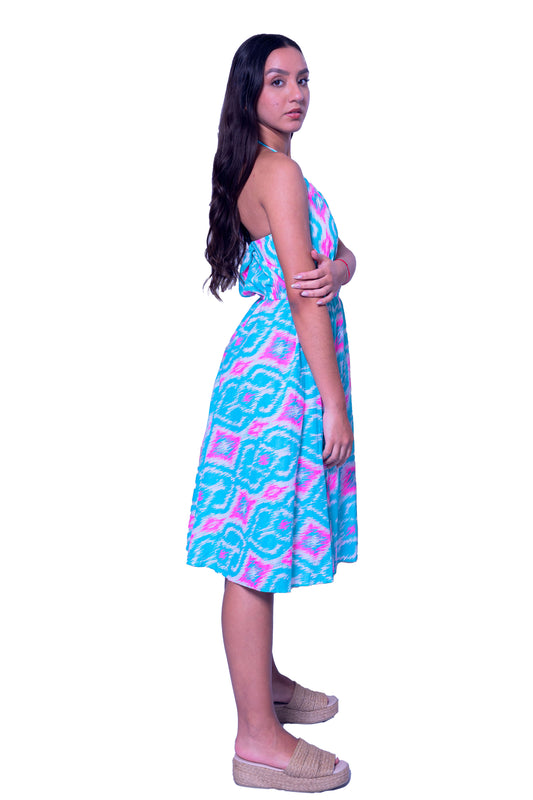 Neck Dori style Short Dress Turquoise