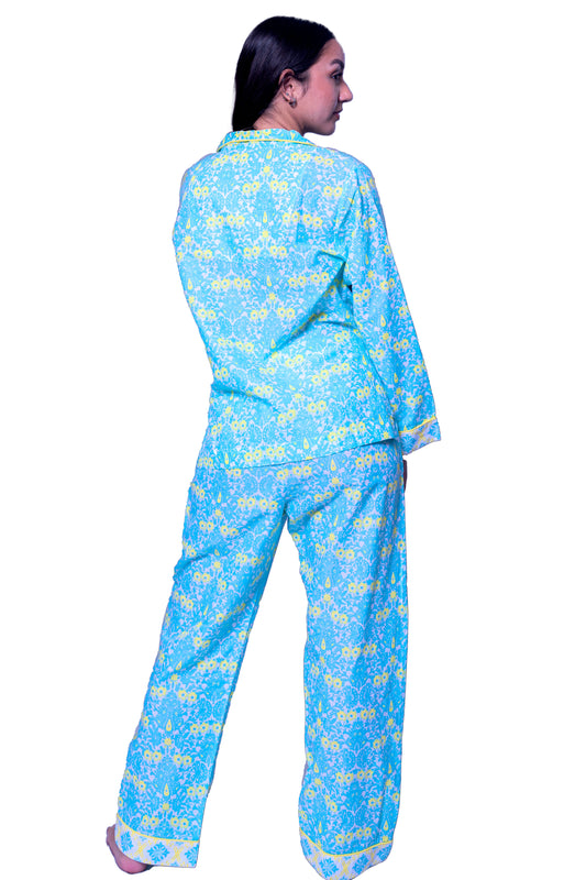 DK 1516 Cotton Printed Pajama Set in Blue/Turq