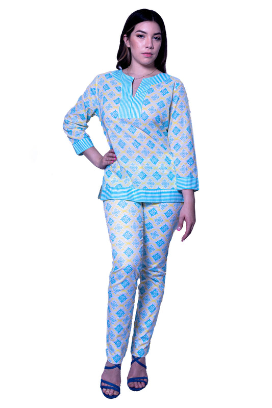 P 1505 Cotton Printed Tunic in Turquoise/Blue