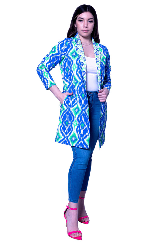 Cotton Printed Open Jacket Blue