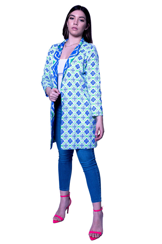 Cotton Printed Open Jacket Blue