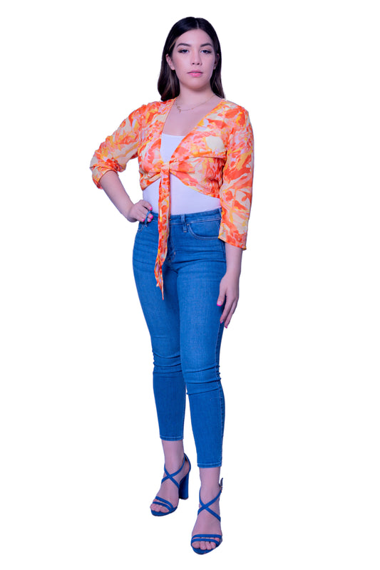 Front Tie up Printed Orange Crop Top