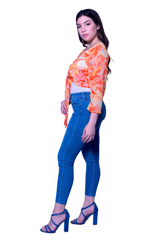Front Tie up Printed Orange Crop Top