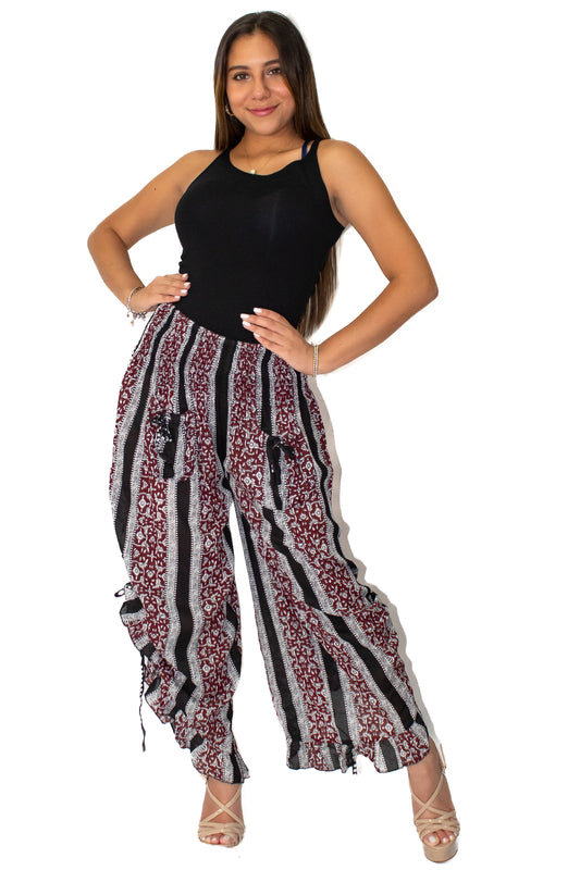 Fashionable Printed Bottom Tie with Ruffle Pant Black Mix