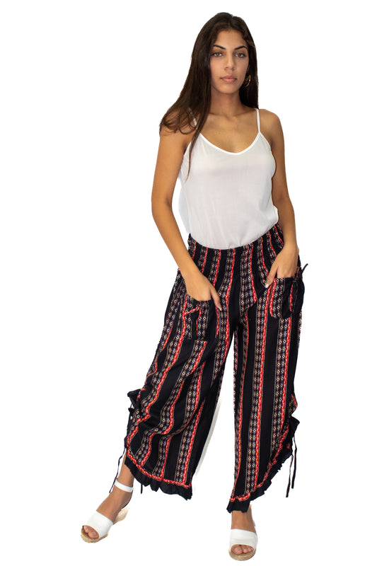 Printed Bottom Tie with Ruffle Pant Black Mix