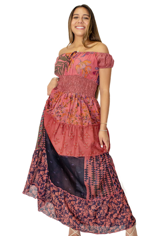 6 Tiered Waist Elasticized Printed Long Maxi Dress