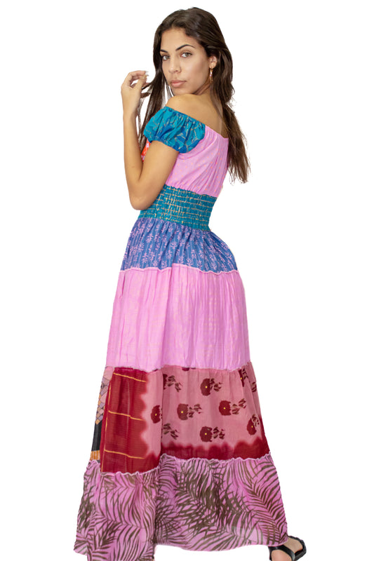 Pink Mix 6 Tiered Waist Elasticized Printed Long Maxi Dress