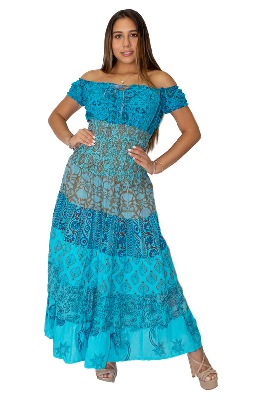 Blue 6 Tiered Waist Elasticized Printed Long Maxi Dress