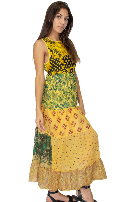 Yellow 5 Tiered Printed Long Maxi Dress