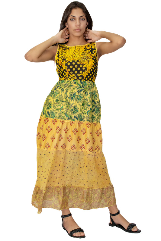 Yellow 5 Tiered Printed Long Maxi Dress