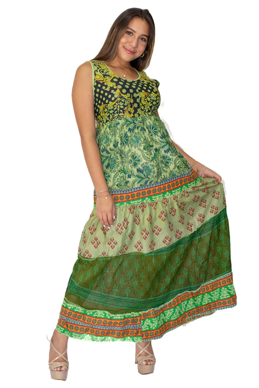 Green 5 Tiered Printed Long Maxi Dress