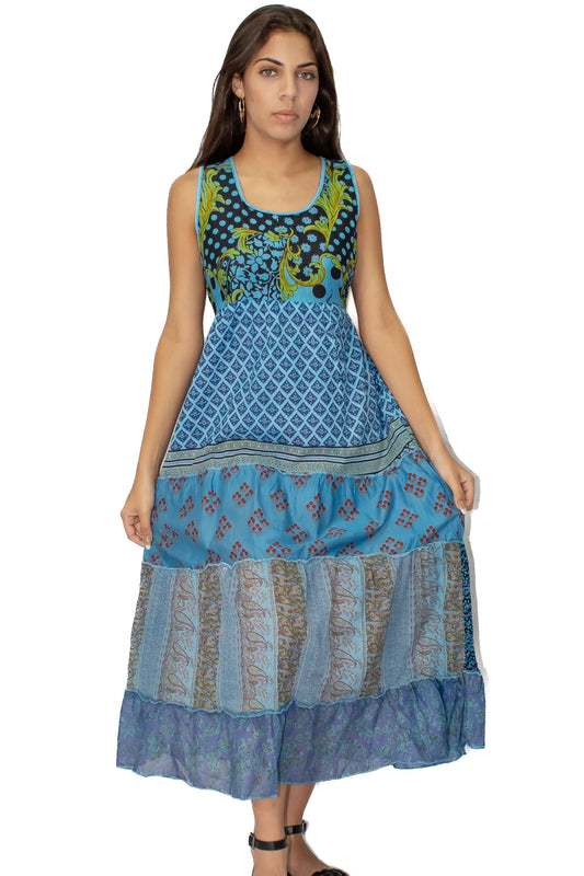 Blue 5 Tiered Printed Long Maxi Dress