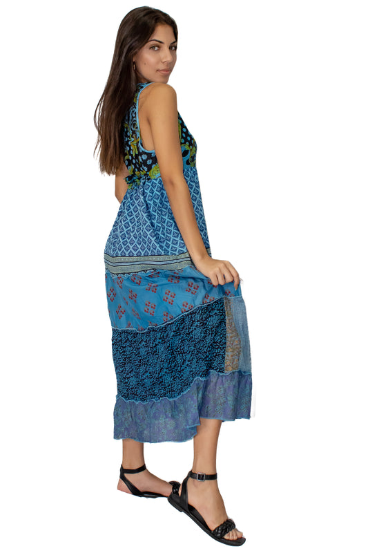 Blue 5 Tiered Printed Long Maxi Dress